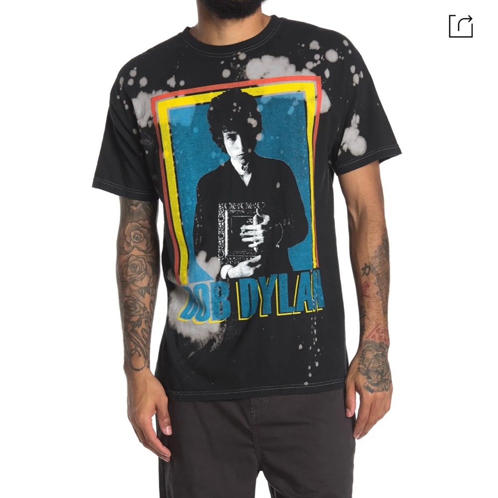 Bob Dylan Black Bleach Washed Picture Frame Graphic T-Shirt NEW Large